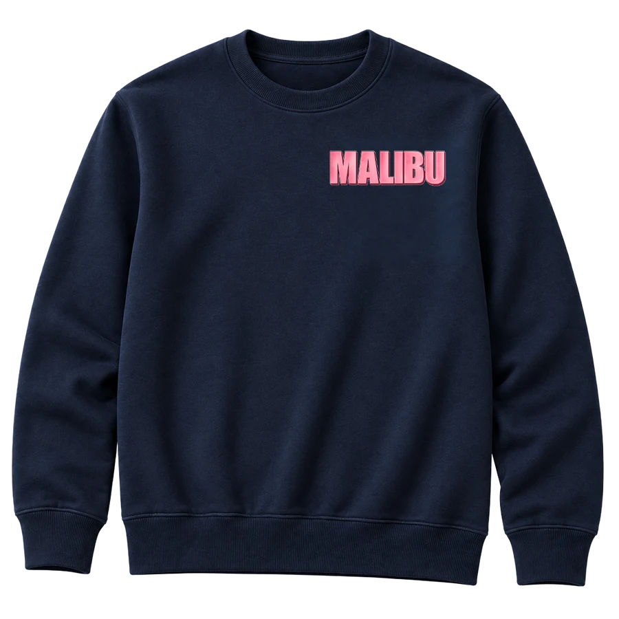 Marineblå collegegenser med liten MALIBU-tekst på venstre bryst og rene ermer uten navn.